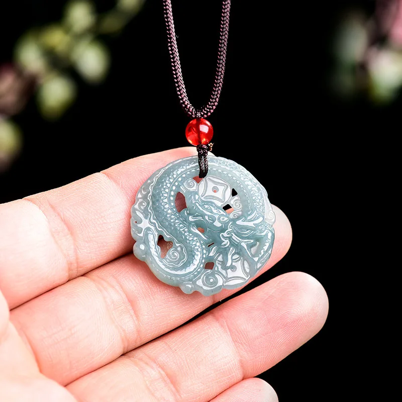 Natural A-grade jadeite blue water business prospers Tongcai Dragon brand zodiac dragon pendant, ice type jade for men and women 3