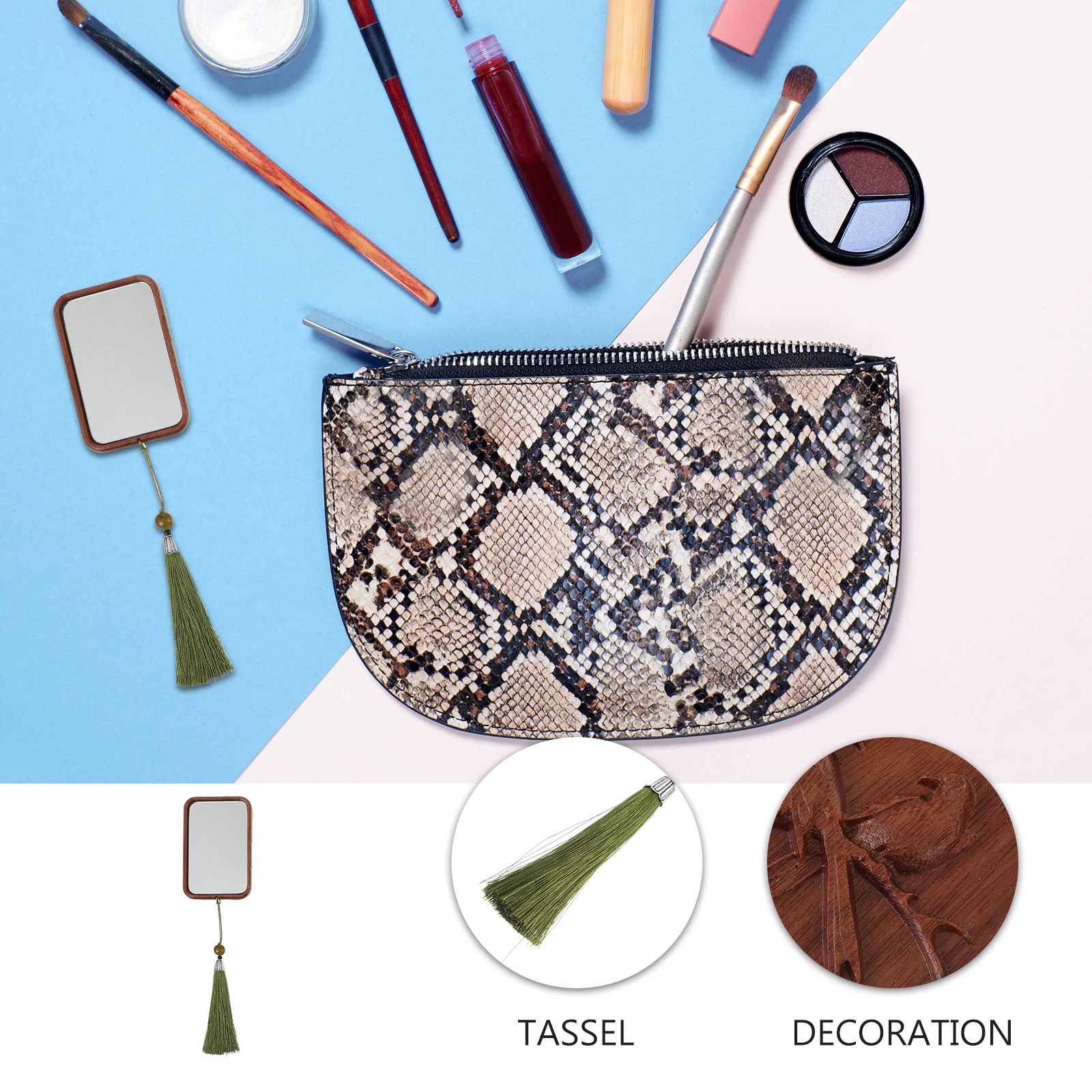 

Wooden Carving H held Travel Mirror With Tassel Pendant Vanity Mirrors Tassel Pendant Stylish Portable Makeup Tool for Women