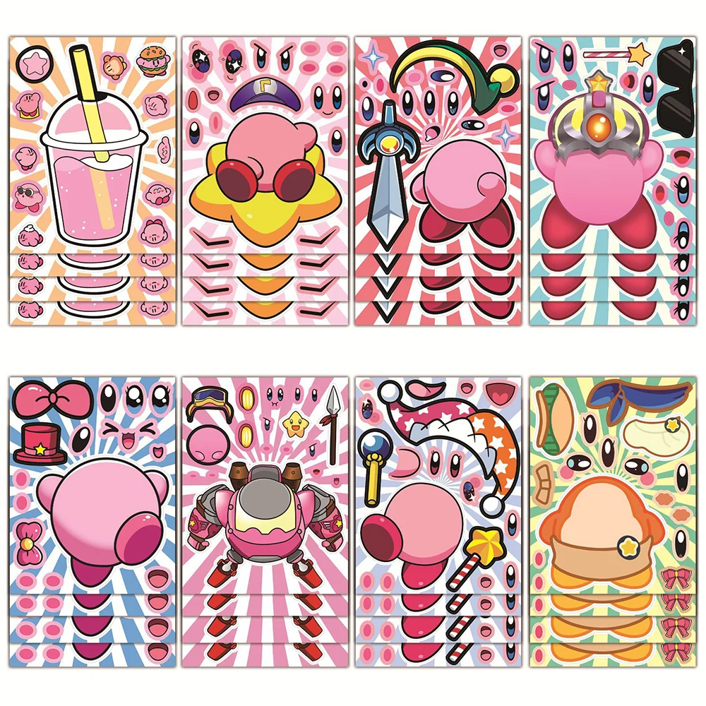 8/16sheets Kawaii Kirby Puzzle Stickers Children DIY Make a Face Decals Funny Cartoon Assemble Jigsaw Toy for Kid Birthday Gifts