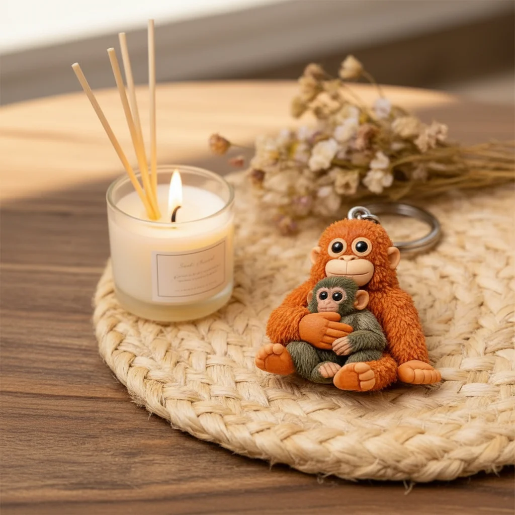 Cute Orangutan Mother And Baby Plush Keychain Realistic Monkey Animal Bag Pendant Soft Stuffed Toy Keyring For Kids Women Gift