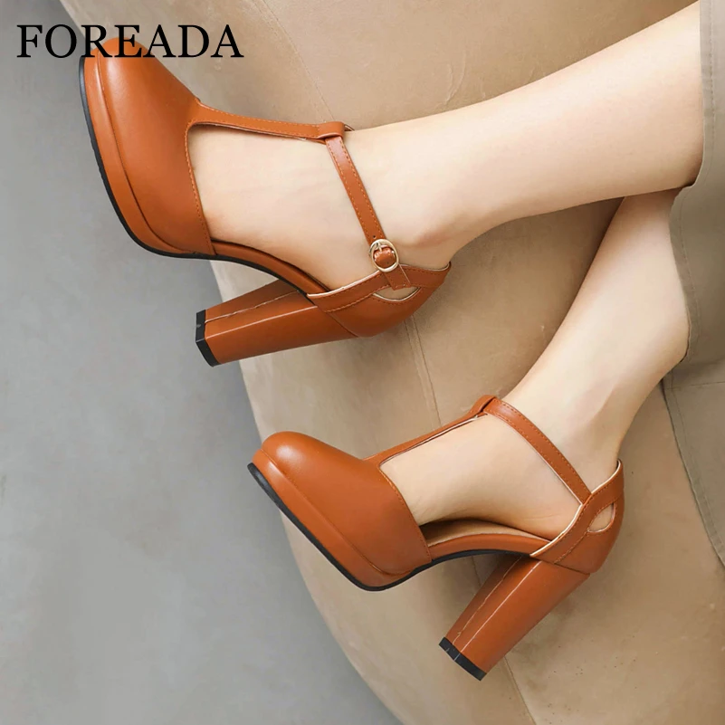 

FOREADA Women Mary Janes Two-Piece Pumps Round Toe Platform Thick High Heels Buckle T-Tied Ladies Fashion Shoes Spring Autumn 43