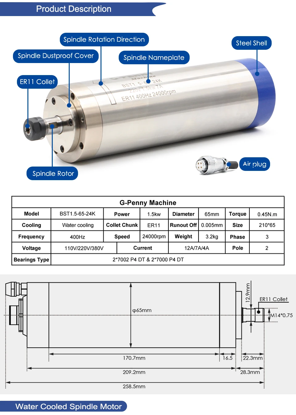 G-Penny 1,5 kW ER11 Wassergekühlter Spindelmotor 65 mm 400 Hz 24.000 U/min 4 Lager CNC-Frässpindel für Holz, Metall, Aluminium-Fräsen – Detail 2
