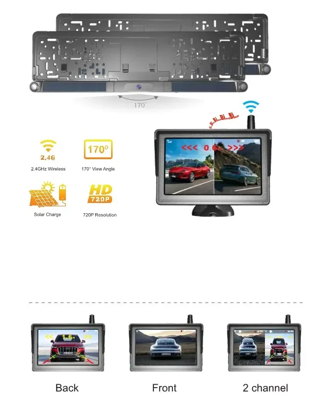 Cámaras HD de 2 canales (frontal y trasera) con Monitor inalámbrico Digital Solar de 5 pulgadas, 2,4 GHz, para estacionamiento