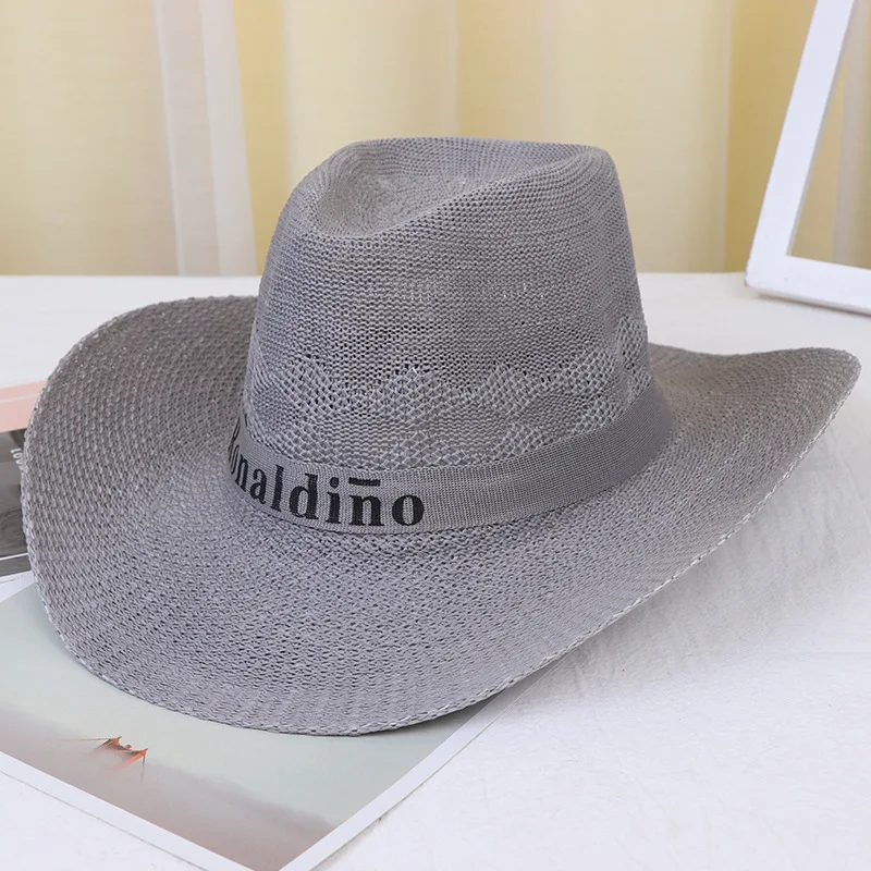 Summer Western cowboy curled big eaves straw hat for men and women outdoor beach sunshade hat Sun-proof letter knit fishing ha