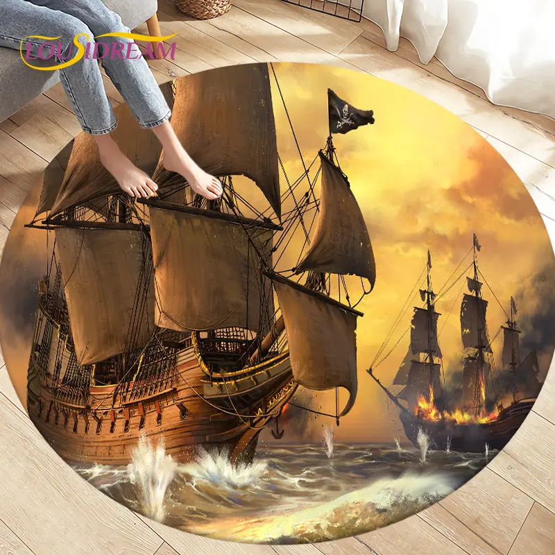 Pirate Boat,Barque,Boat Ship  Area Rug,Round Carpet Rug for Living Room Bedroom Sofa Decoration,Kid Play Game Non-slip Floor Mat