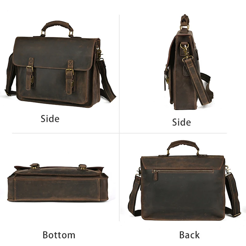 Crazy Horse Leather Briefcase Men Handmade Genuine Cowhide Laptop Messenger Bag Retro Business Laptop Shoulder Crossbody Bags