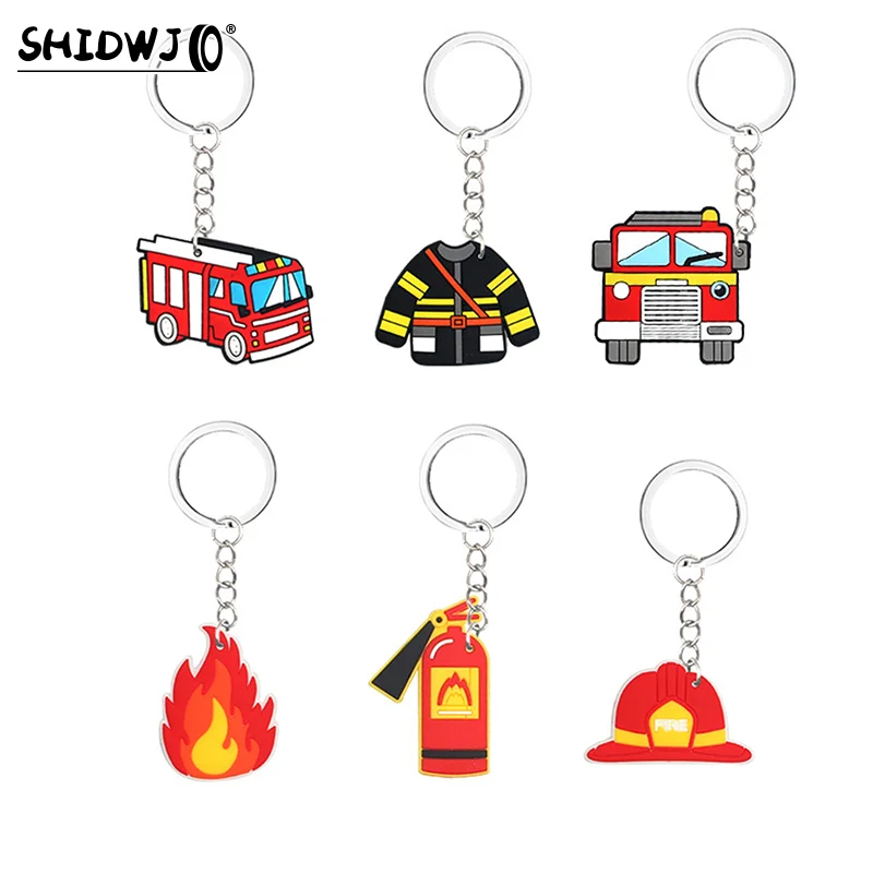 6Pcs Cartoon Firefighter Theme Party Gift Fire Truck PVC Keychains Toy for Kids Birthday Party Favors Pinata Fillers Goodie Bag