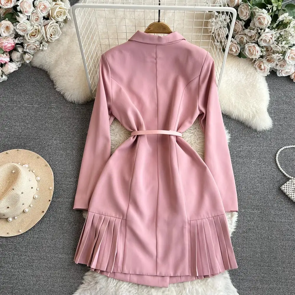 Fashion Designer Double Breasted Blazer Dress Women Notched Long Sleeve Chic Slim Pink Mini Short Casual Vestidos Robes