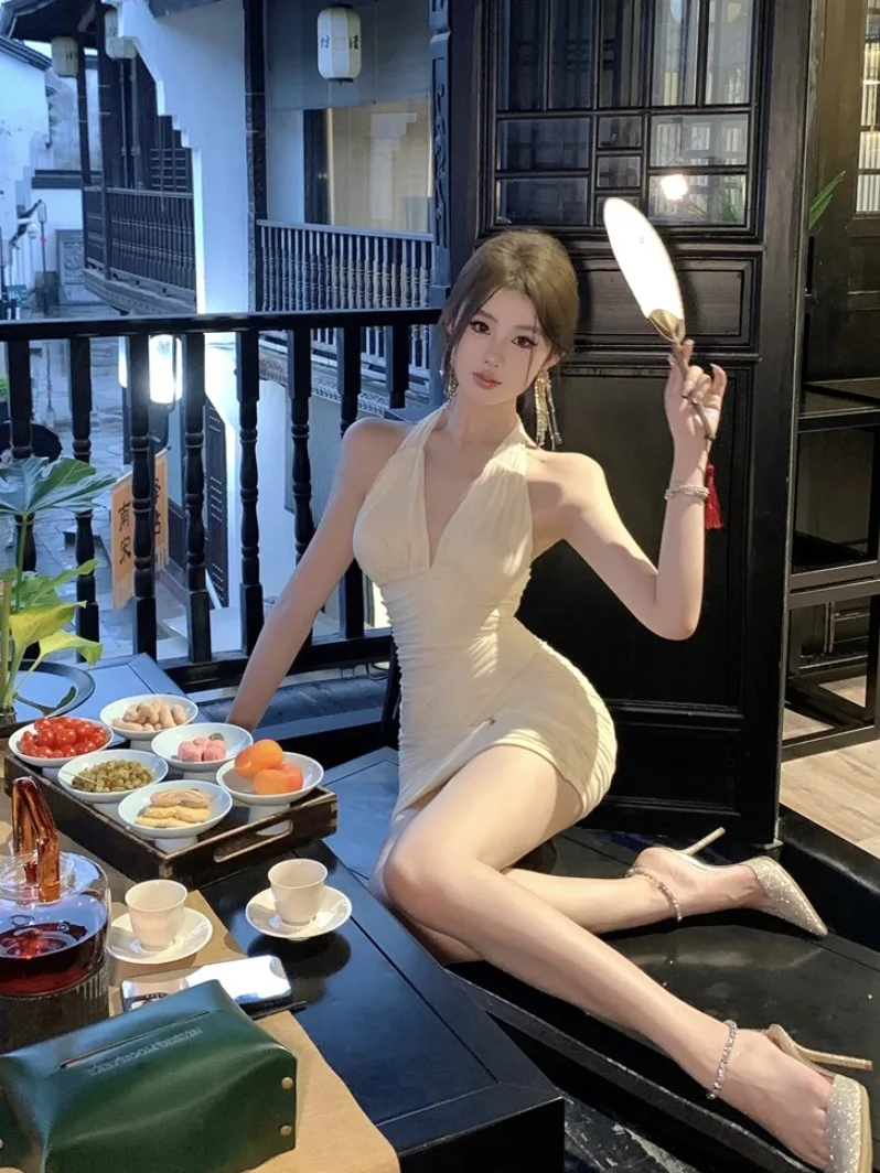 Summer New Sle Pure Desire Pleated Waist Cinched Svel Net Gown Bodycon Dr Trendy Women's Clothing