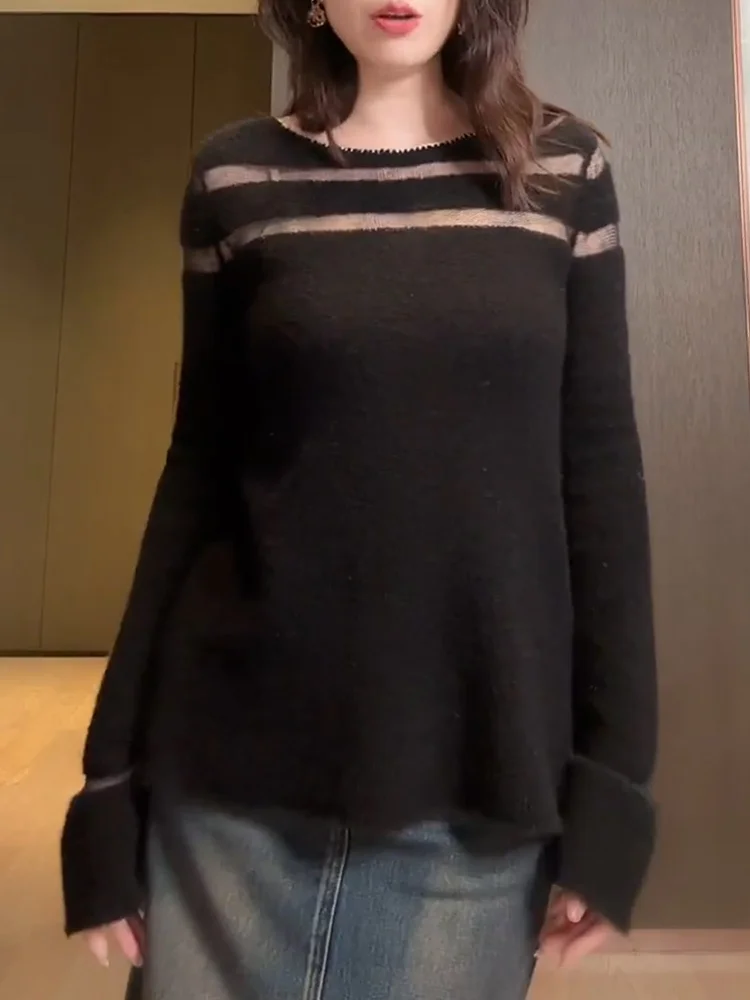 

Черный полосатый вязаный свитер женский, модный, универсальный, стройнящий топ больших размеров, осень-зима, новинка, корейский стиль