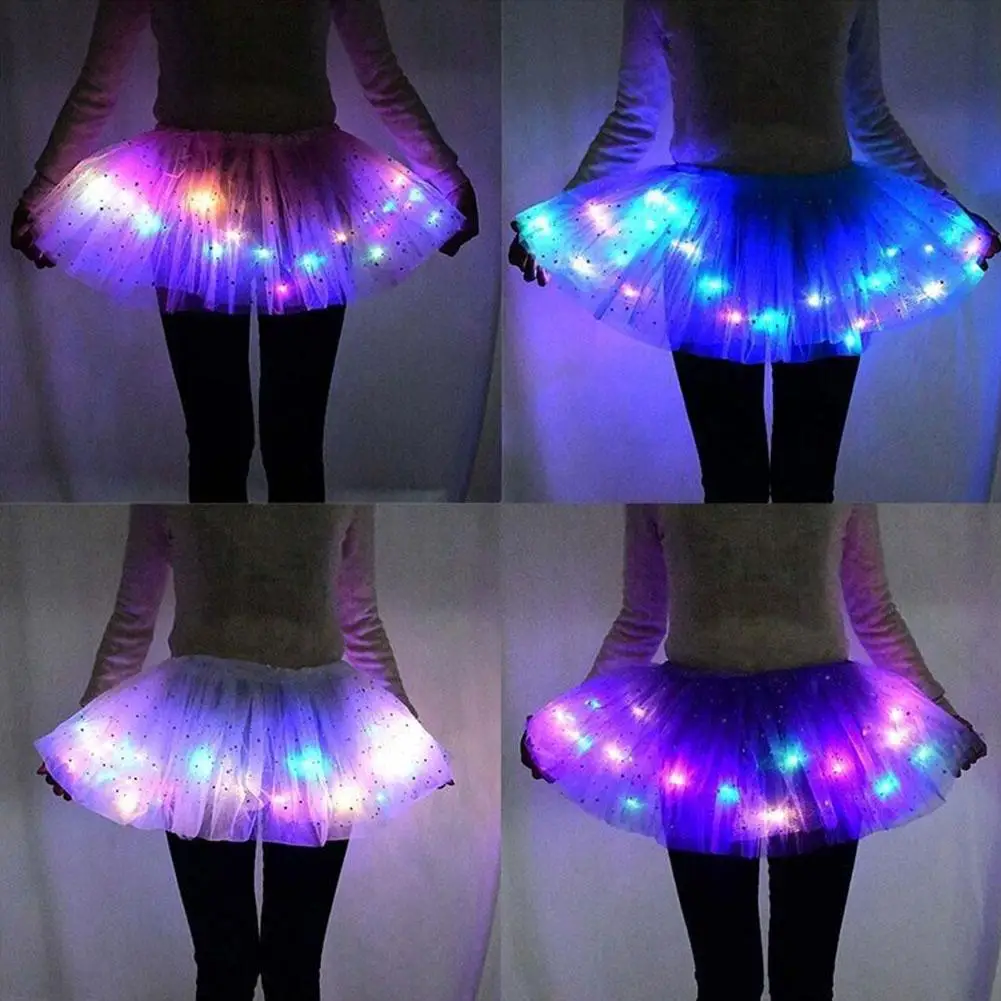 Luminous LED Fluffy Skirt Girls Layered Ballet Dance Pleated Skirt Tulle Light Up Short Dress for Birthday Party Wearing Costume