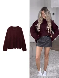 Women's Solid Colour Round Neck Sweater Commuter Style New Burgundy Pullover Long Sleeve Knit Sweater Casual Womenswear