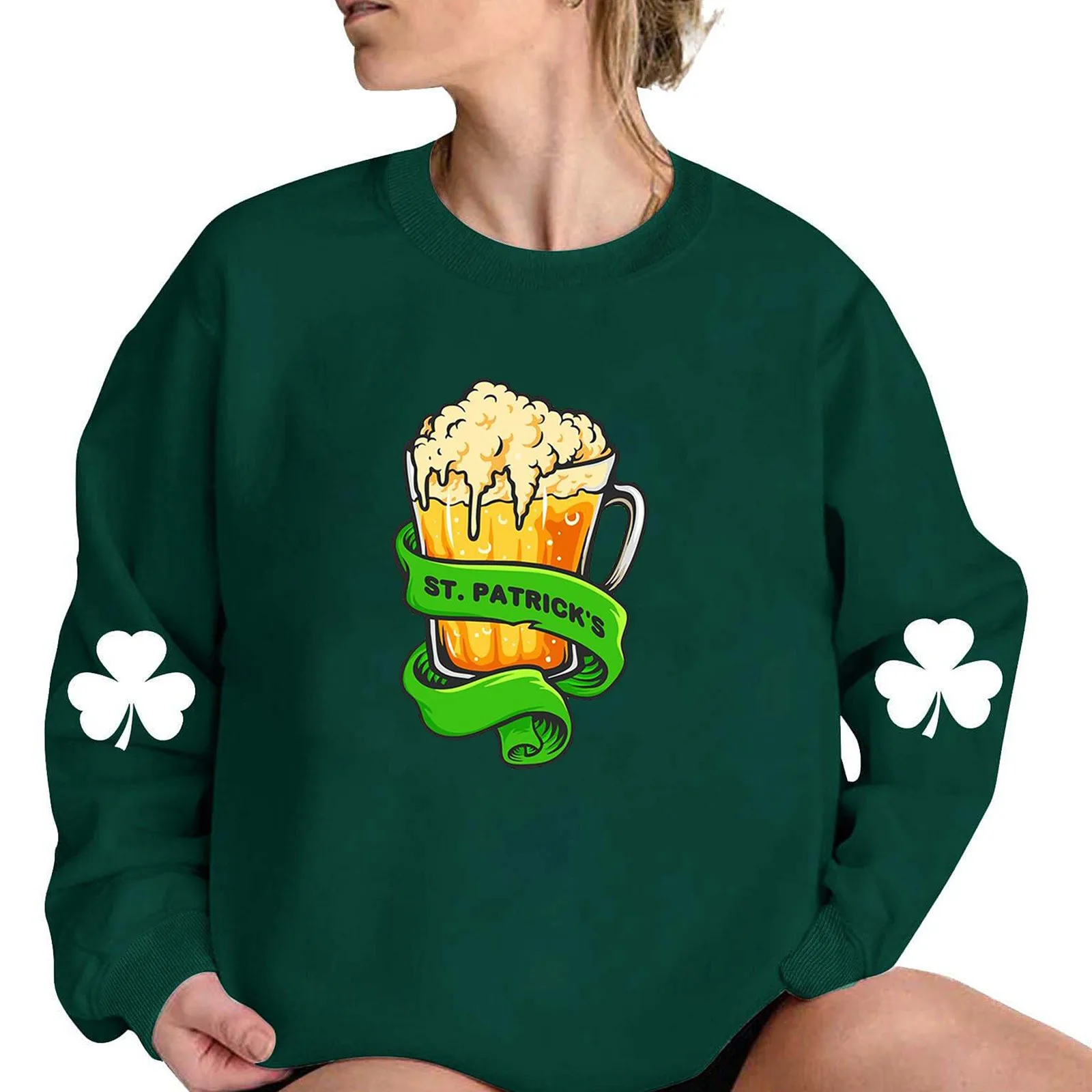 Women Sweatshirt Happy St. Patrick’s Day Long Sleeve Ireland O-neck Pullover Top Blouse Festival Clovers Shamrock Print Pullover