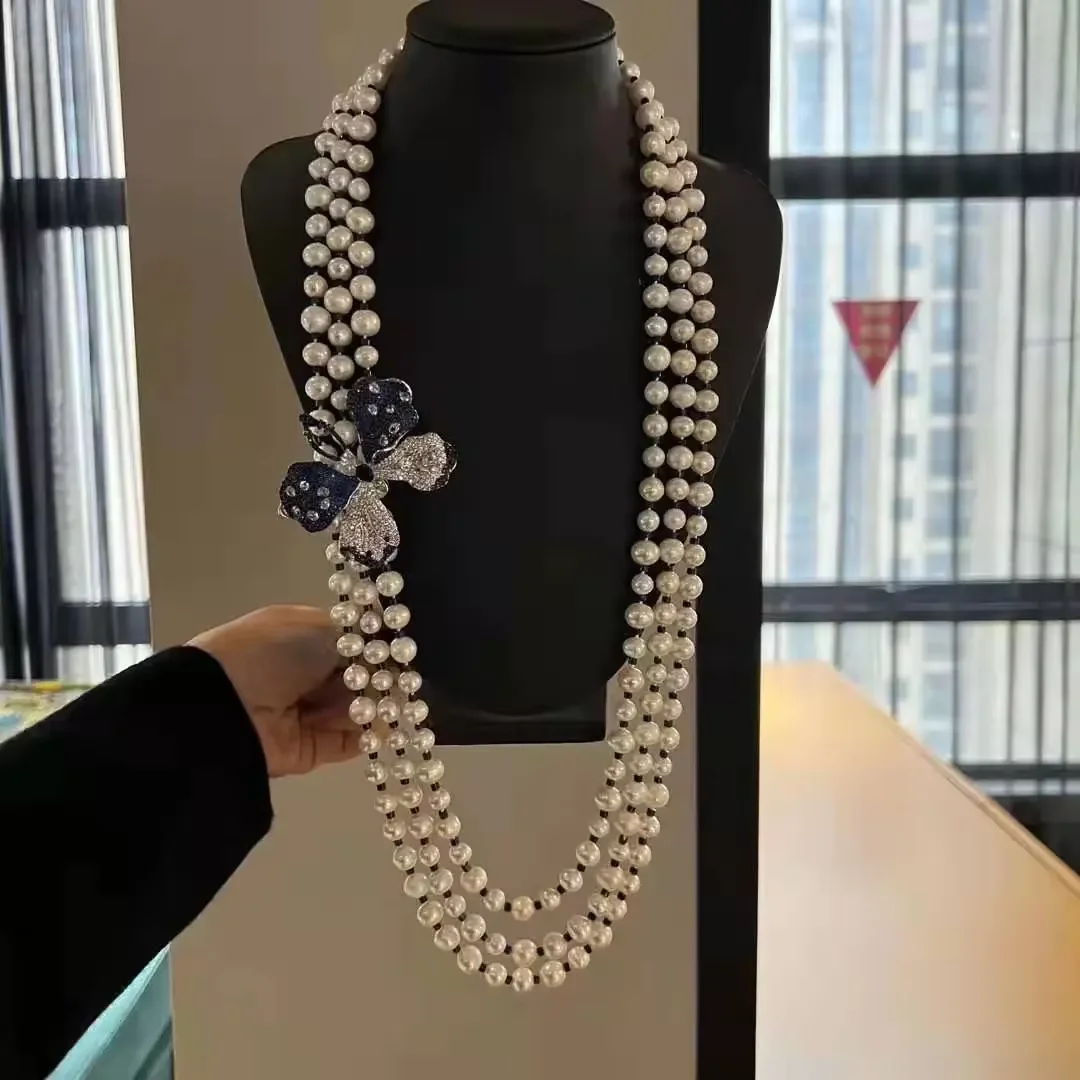 

30-33'' 3 Strands White Round Pearl With Blue Butterfly Brooch ornament Long Necklace