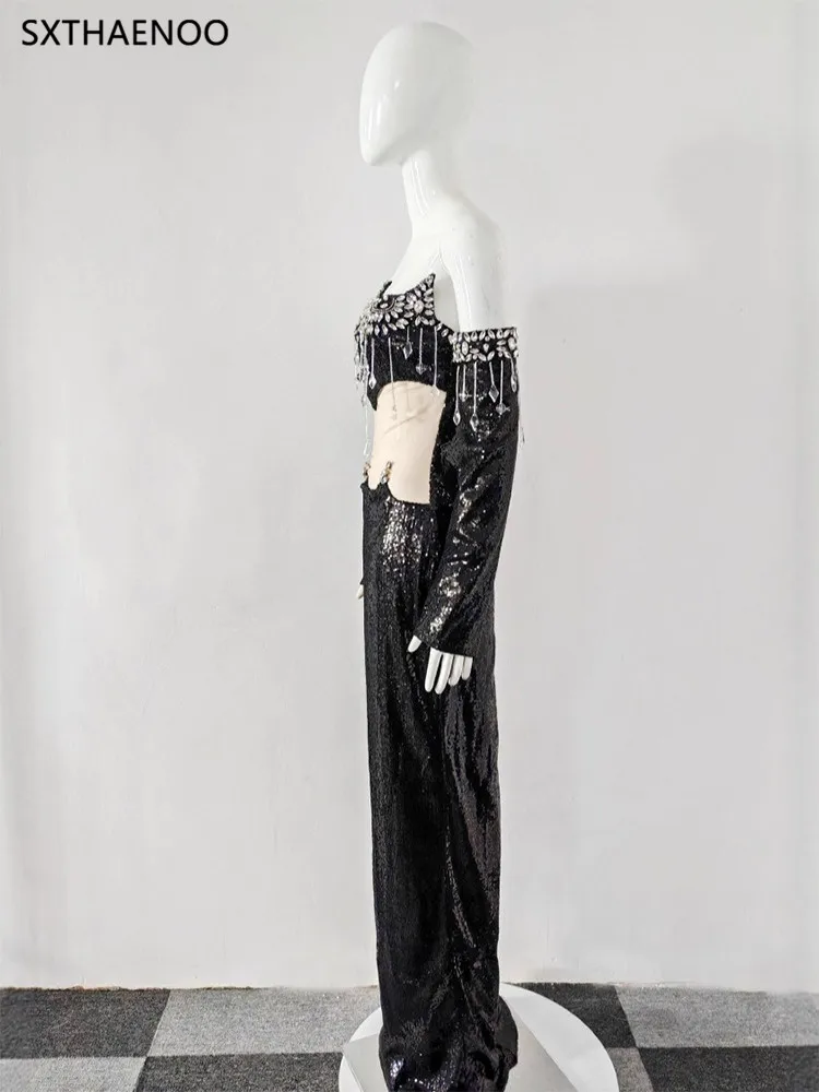 SXTHAENOO 2025 lentejuelas Patchwork fuera del hombro Maxi Vestido Sexy de manga larga recortado ceñido al cuerpo Vestido de celebridad vestidos de noche Vestido