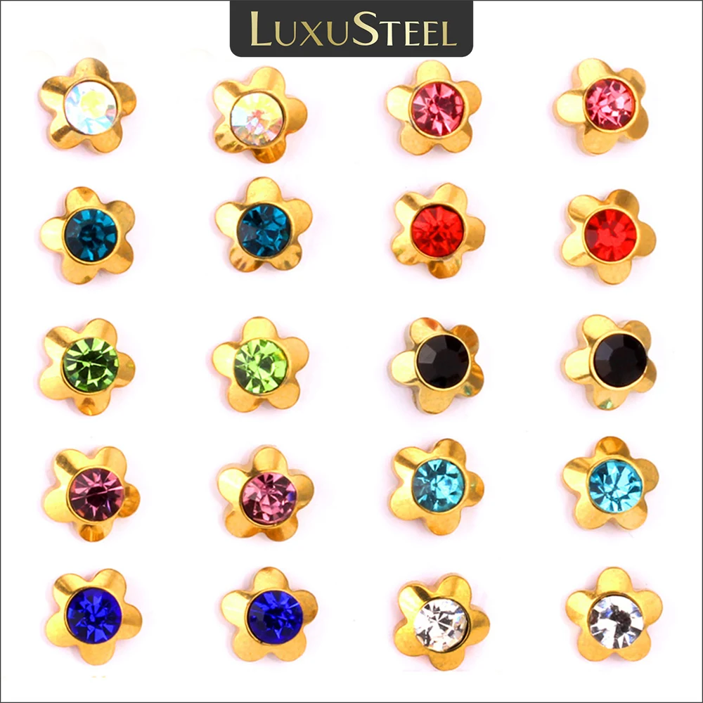 

LUXUSTEEL 10Pairs Square Flowers Stars Crystal Stud Earrings Women Girls Colorful Bling CZ 316L Stainless Steel Wholesale Sets