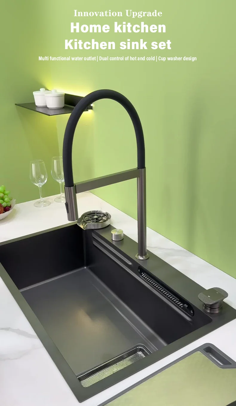 304 Stainless Steel Kitchen Waterfall Sink Digital Display Large Single Sink Dish Basin Sink With Multifunction Touch Waterfall