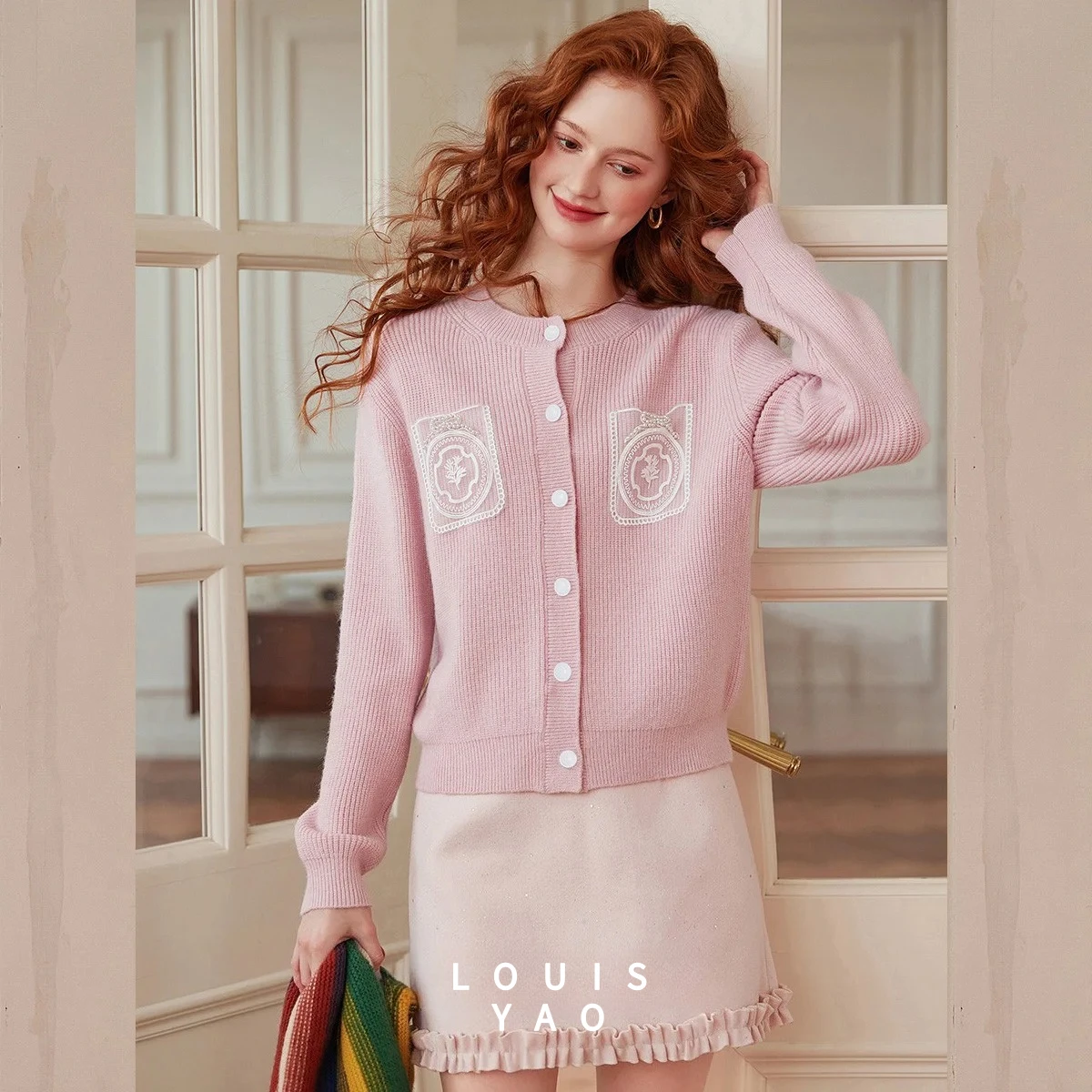 

LOUISYAO Contrast Colours Lace Knitted Cardigan 2025 Autumn/Winter New Casual Slightly Stretchable Outerwear Women's Knitwear