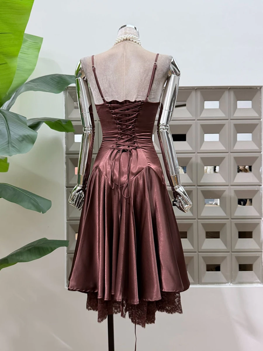 TWOTWINSTYLE Solid Spliced Lace Slimming Slip Dress for Women Square Neck Sleeveless Patchwork Folds Dresses Female Fashion New