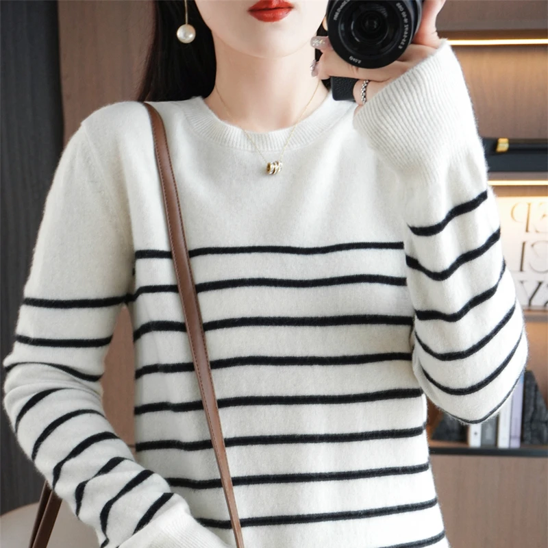 

Весенний новый двухцветный полосатый пуловер из 100% чистой шерсти, свитер с круглым вырезом и длинными рукавами, женский корейский поп-одежда, топ XZ0257