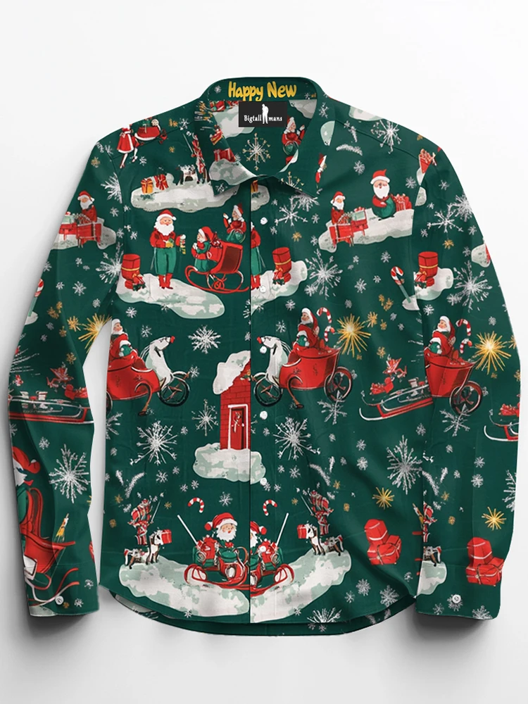 Biggmans Christmas Plus Size Long Sleeve Shirt Men Casual Loose Santa Claus Print Top Street Wear Club Male Long Sleeve Clothes