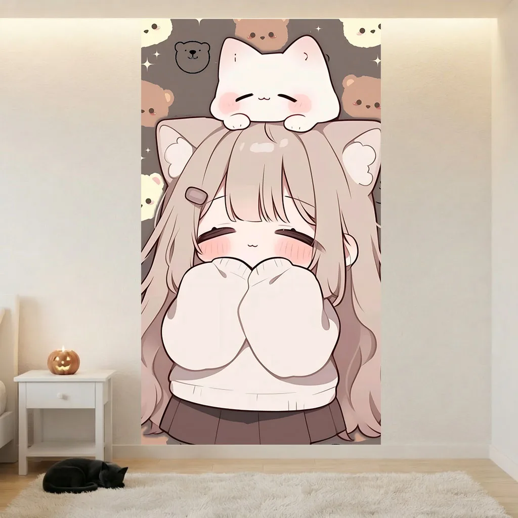 Kawaii Neko Girl Tapestry Cute Cat Ear Anime Girl With Cat Bear Print Wall Hanging, Room Decor Items Bedroom Dorm Background