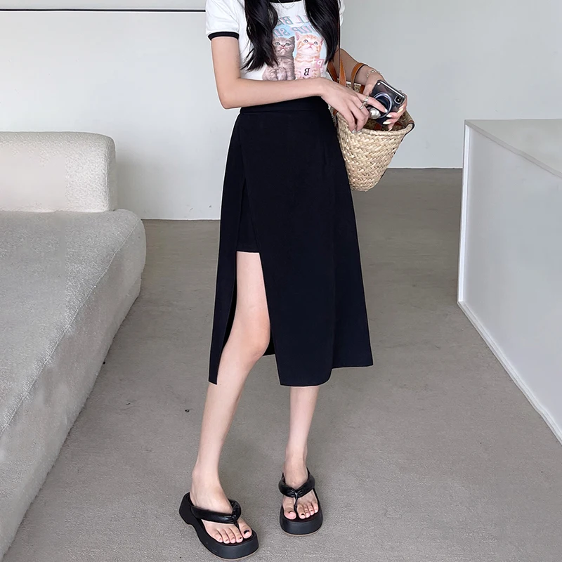 

Side-slit Suit Skirts Women Mid-calf High Waist Korean Style A-line Skirt Summer Elegante All-match Streetwear Female Plus Size