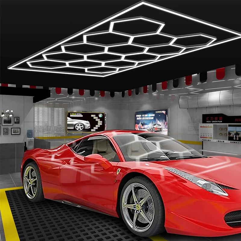 Ultra Bright 14-Grid Hexagon LED Garage Lights,6500K, 712W, Modern Honeycomb Design with Rectangle Frame,Dimmable, Easy Install