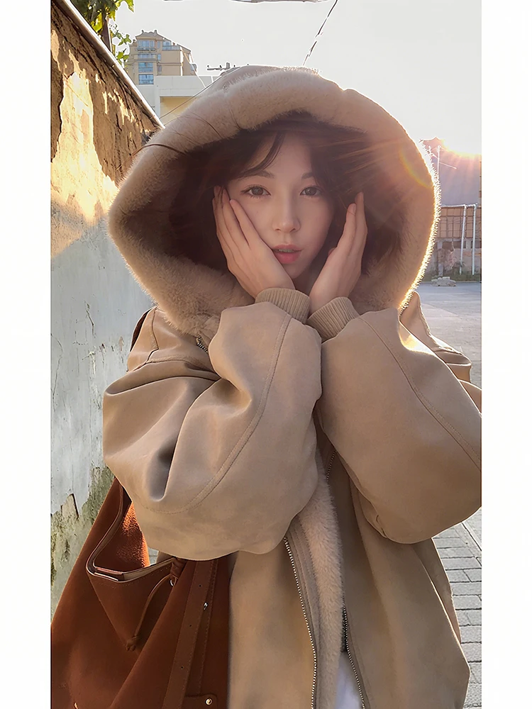

American Sle Thiened Winter Coat with Fur Collar for Men And Women Hooded Fce Lined Leather Jaet Couple Cotton Jaet