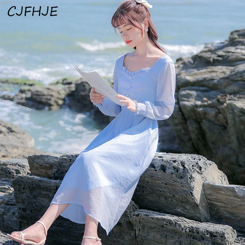 Cjfhje blau langes Kleid Frauen elegante Vintage Abend party Chiffon Kleider Frühling koreanische Mode schlanke Schnürung Langarm Kleid