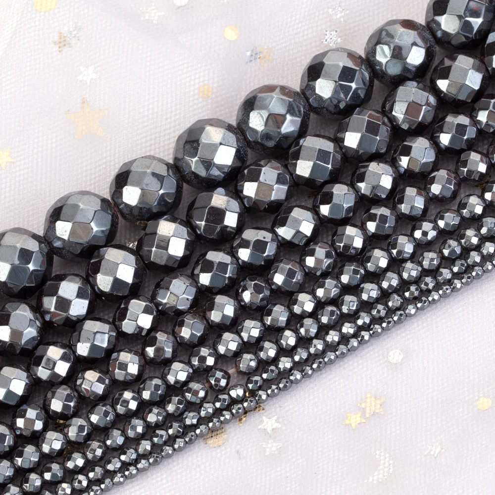 2-12mm Faceted Round Natural Black Hematite Stone Loose Beads For Jewelry Making Fit DIY Bracelet Necklace Handmade Accessories