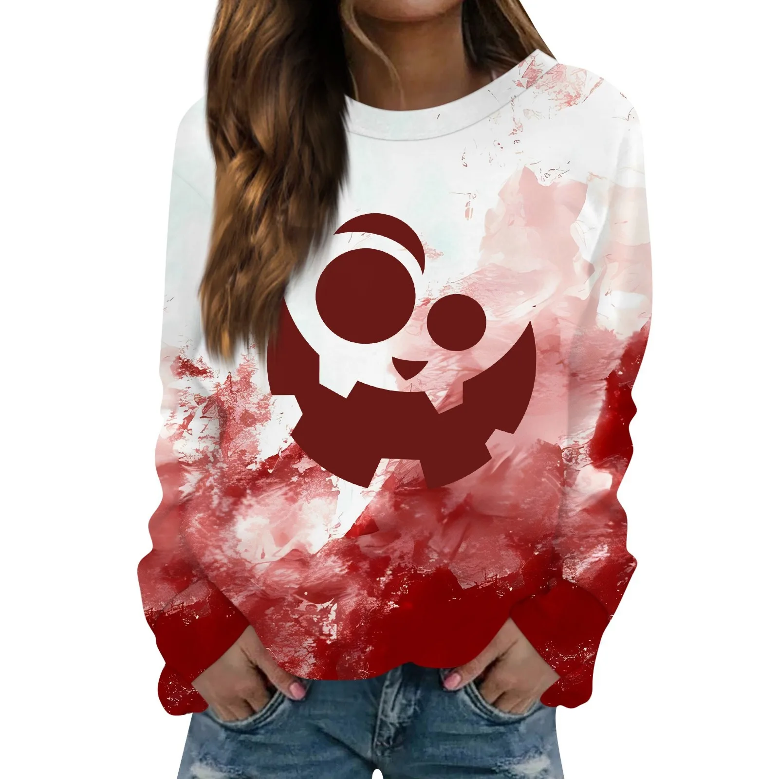 

Women'S Halloween Print Tops Casual Regular Round Neck Long Sleeve Pullover Tops Spring Fall Daily Loose All-Match Comfy Tops