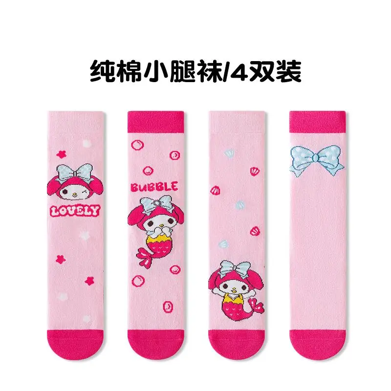 4Pcs Autumn Winter Sanrio Kid Middle Sock Cotton Breathable Cute Cinnamoroll Kuromi Melody Baby Girl Sweet Cartoon College Style