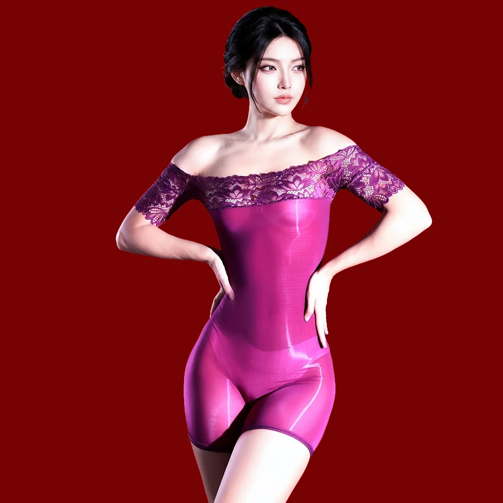 Women Lace Patchwork Bodysuit 5D 912 PIN Thin Sheer See Through Off Shoulder Jumpsuit Oil Shiny Glossy Tights Maid Leotard