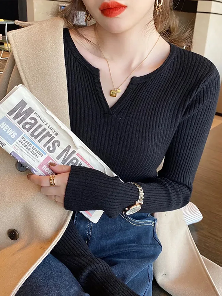 Korea Autumn Winter Women Sweater Solid Rib Knit V Neck Stripe Pull Femme Y2k Long Sleeve Pullover Jersey Tops Fashion Clothes