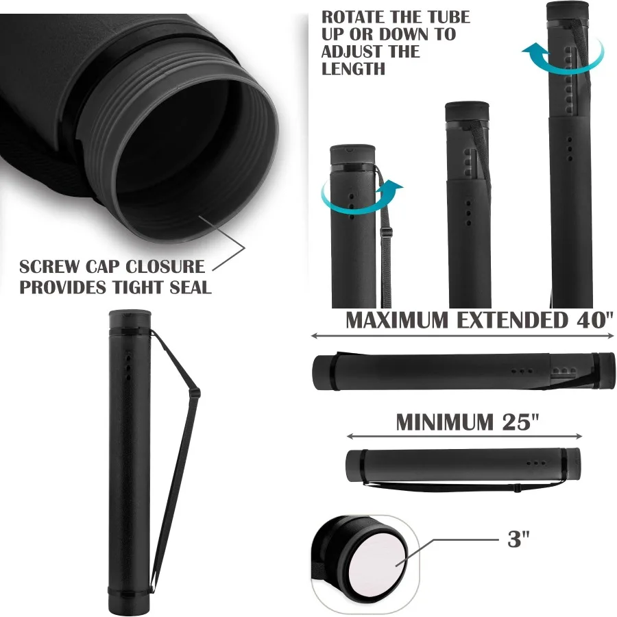 JJRING Tubo de póster negro 25 a 40 Tubo de soporte de almacenamiento de carteles extensible con correa de transporte para planos, rollos, mapas y arco