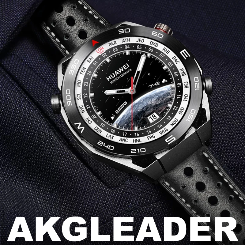 AKGLEADER Perforated Cowhide leather Butterfly clasp watch band for Huawei Watch GT 5Pro 4Pro 46mm band for 22mm 26mm strap band