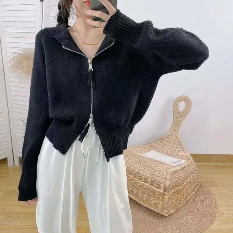 Autumn And Winter New Style Casual Fashion Double Zipper Hooded Knitted Sweater Cardigan Long-sleeved Solid Color Blouse Women