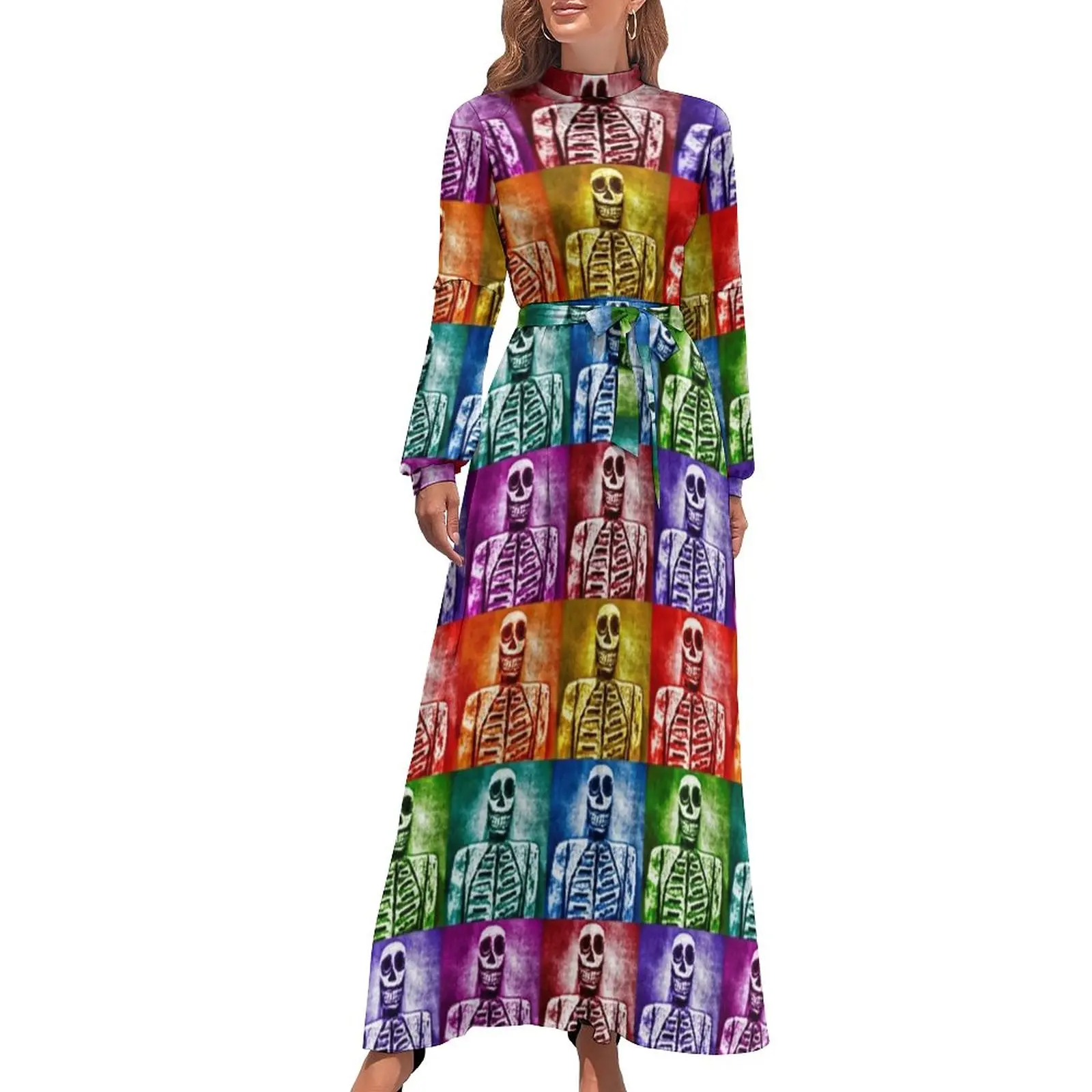 Buntes Skelettkleid, Stehkragen, Pop-Art-Druck, grafische Strandkleider, langärmeliges, grundlegendes, langes Maxikleid, elegantes Vestido