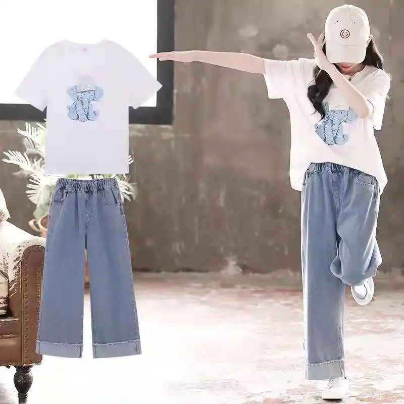 

2023 autumn teens Girls cartoon loose white elephant t-shirt + wide leg demin long Pants jeans Clothes 8 10 12 14 16 Years