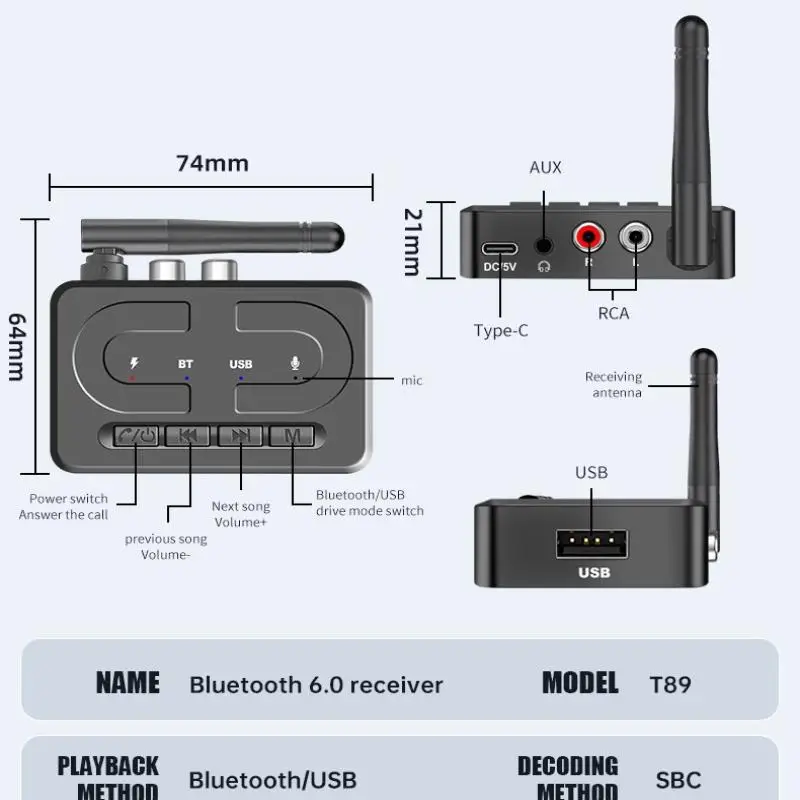New Bluetooth 6.0 Audio Receiver 3.5mm AUX RCA With Mic HIFI Stereo Wireless Adapter Support USB U-Disk For Car Speaker Amp image 6