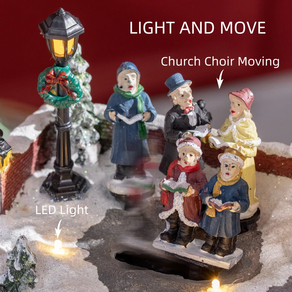 1 HOMCOM Modern Christmas Village Choir Scene, Desktop Winter Fairyland Model, With Colorful LED Lights, Battery Power, PET