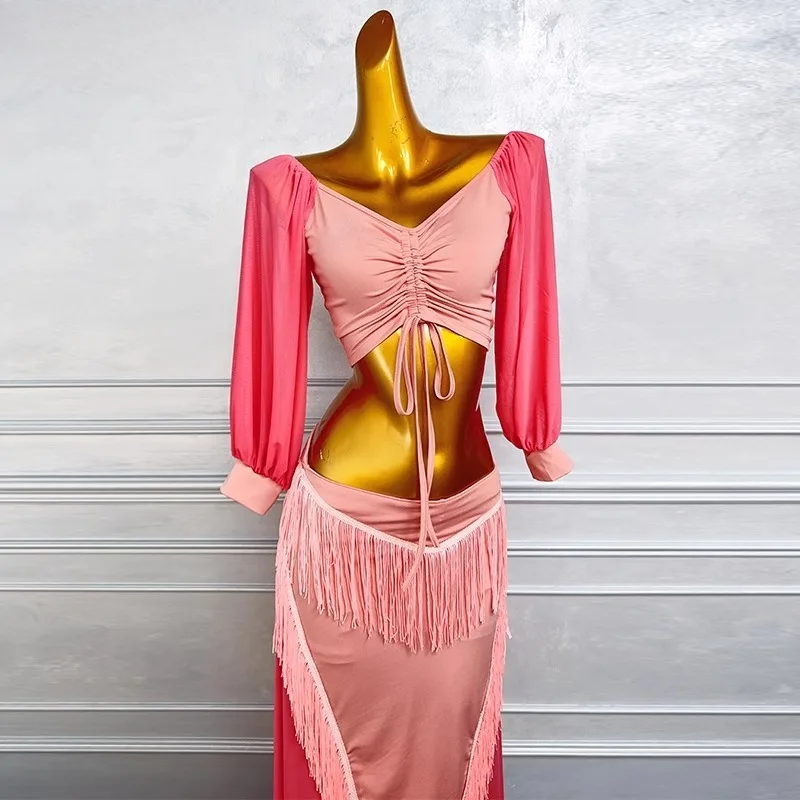 

customized bellydance skirt table performance costume for women's oriental dance practice dress pink tops and tassels long skirt