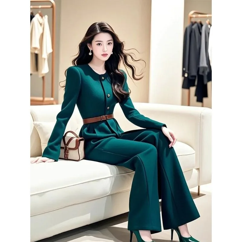 New High Quality Autumn Winter Women's Jumpsuit Fashion High Waist Slim Long Sleeve Solid Color Elegant Wide Leg Pants Rompers