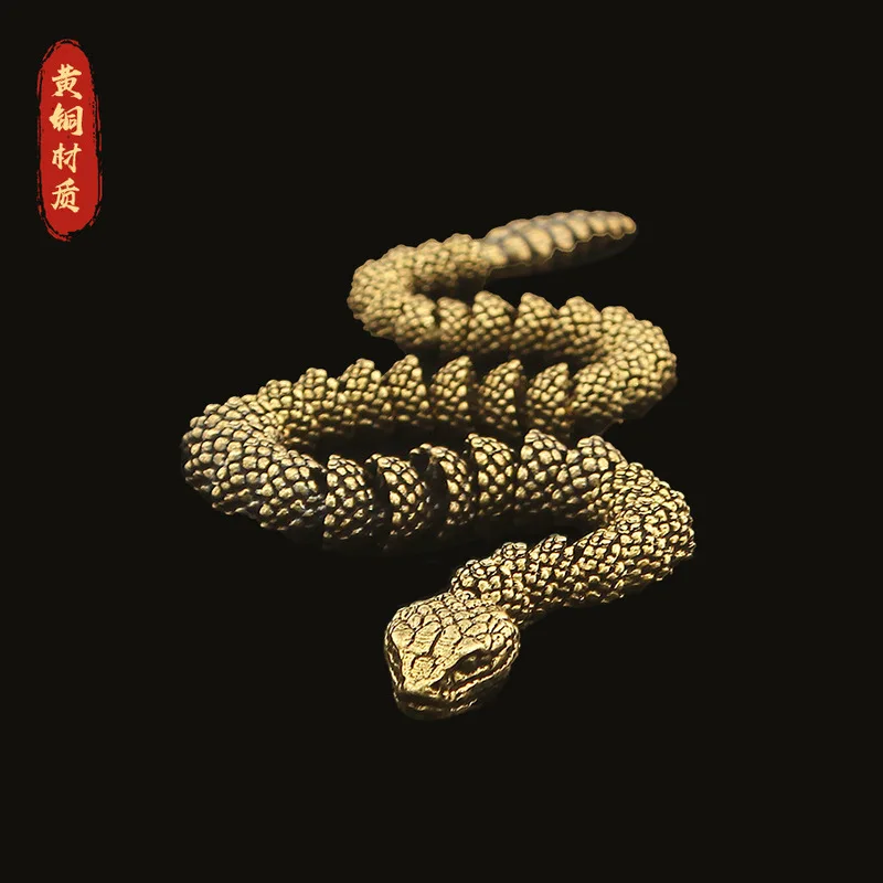 Brass rattlesnake with articulated joints, authentic antique-style 3D snake ornament, traditional miniature landscape craft, sna