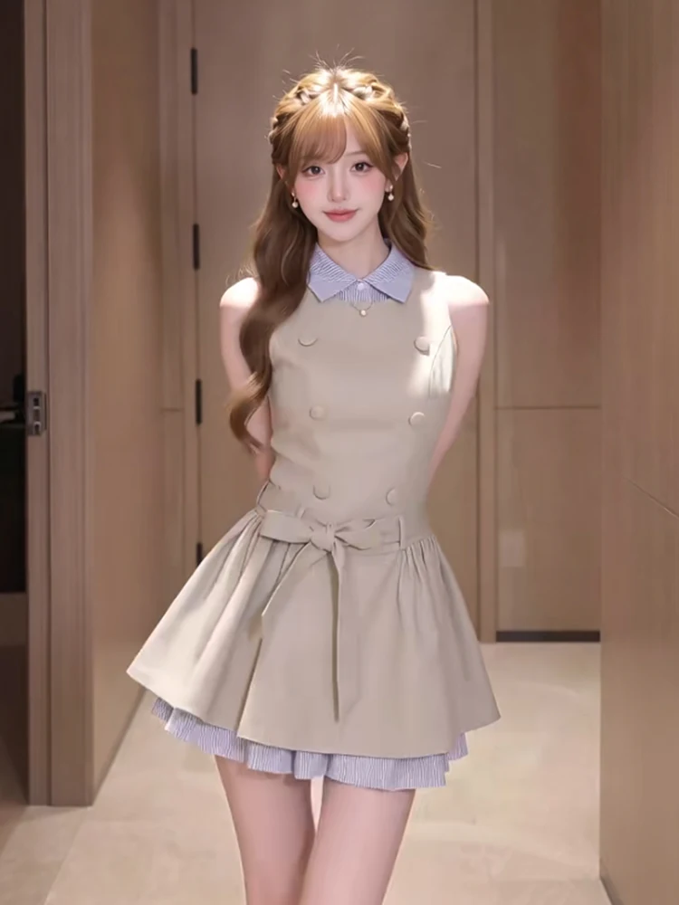 Slimming A-Line Dress Double-Breasted Sleeveless Retro Style Women's Summer Fashion Dress Knot Waist-Cinching