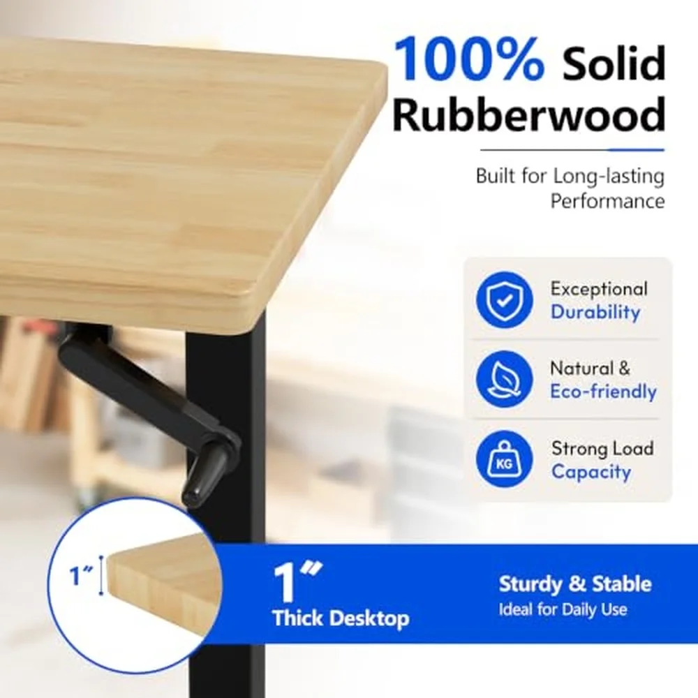 48''Adjustable Height Workbench with Wood Top Hand Crank Lift Mechanism Rolling Tool Work Table with Locking Casters
