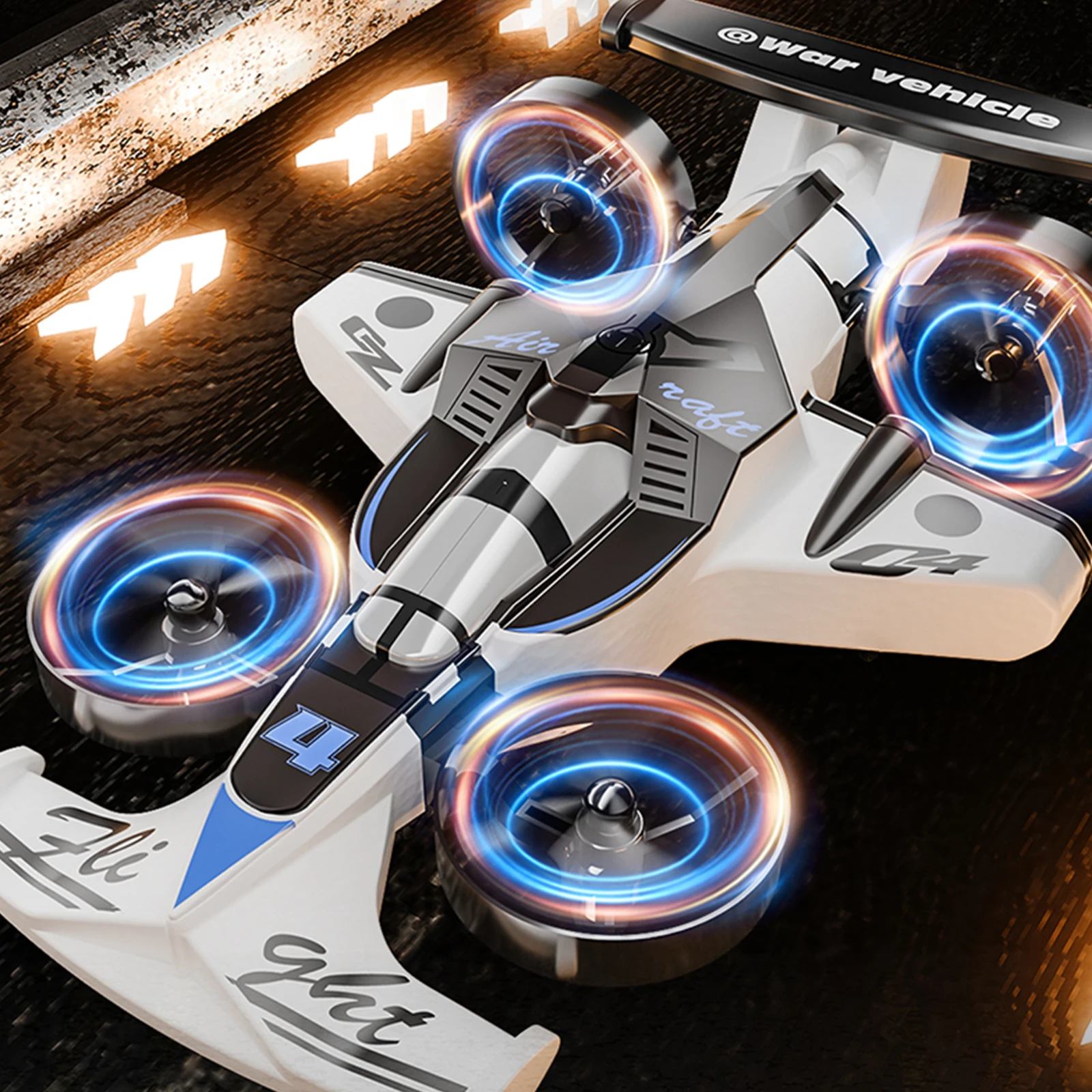 طائرة رباعية الدوار للتحكم عن بعد 2 في 1 (برية وجو) ومركبة انجراف بوضع بدون رأس وقلب 360 درجة (أبيض)