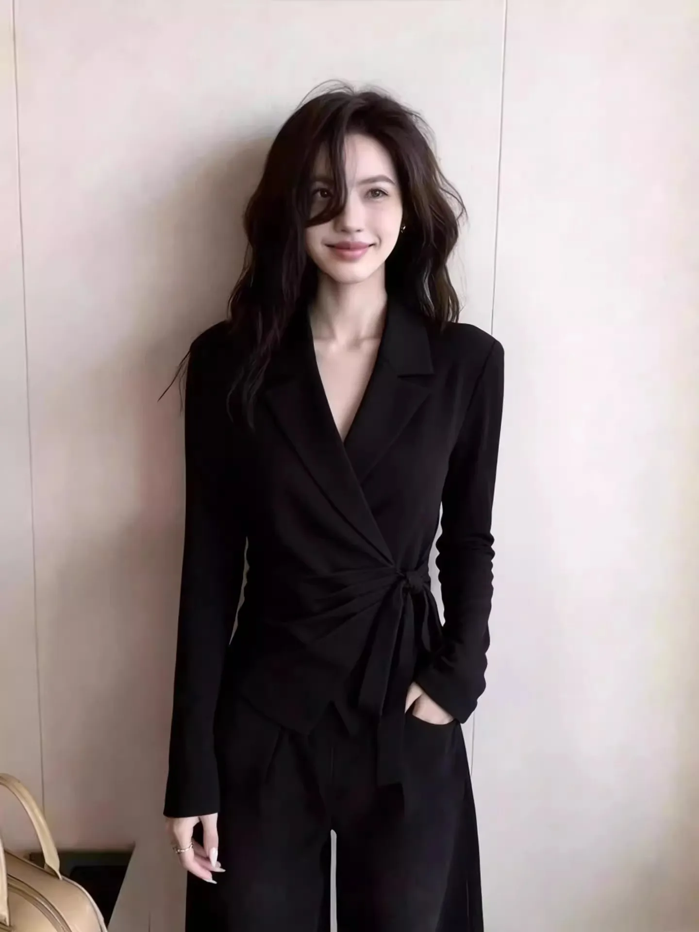 

Unique Black Shirt Jacket Commute Professional Side Tie Korean Style Women's Slim Fit Long Sleeve V-Neck Breathable Spring