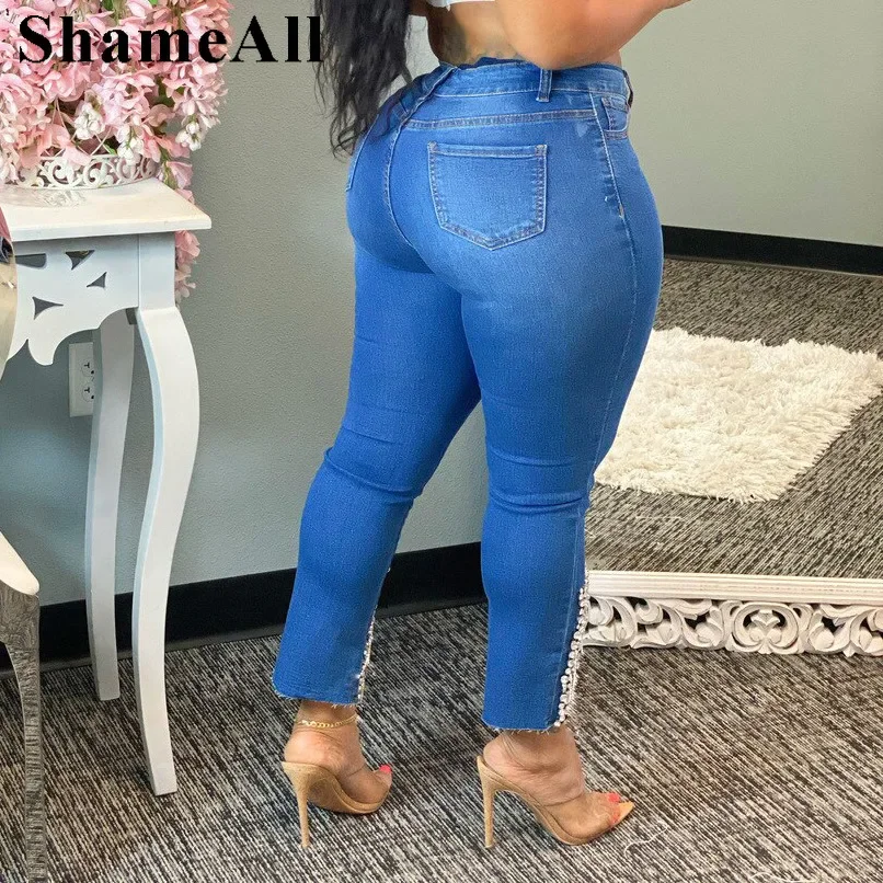 Plus Size Rhinestone Beading Stretchy Skinny Ankle Length Pencil Jeans 4XL Women Split Indie Capris Distressed Denim Trousers